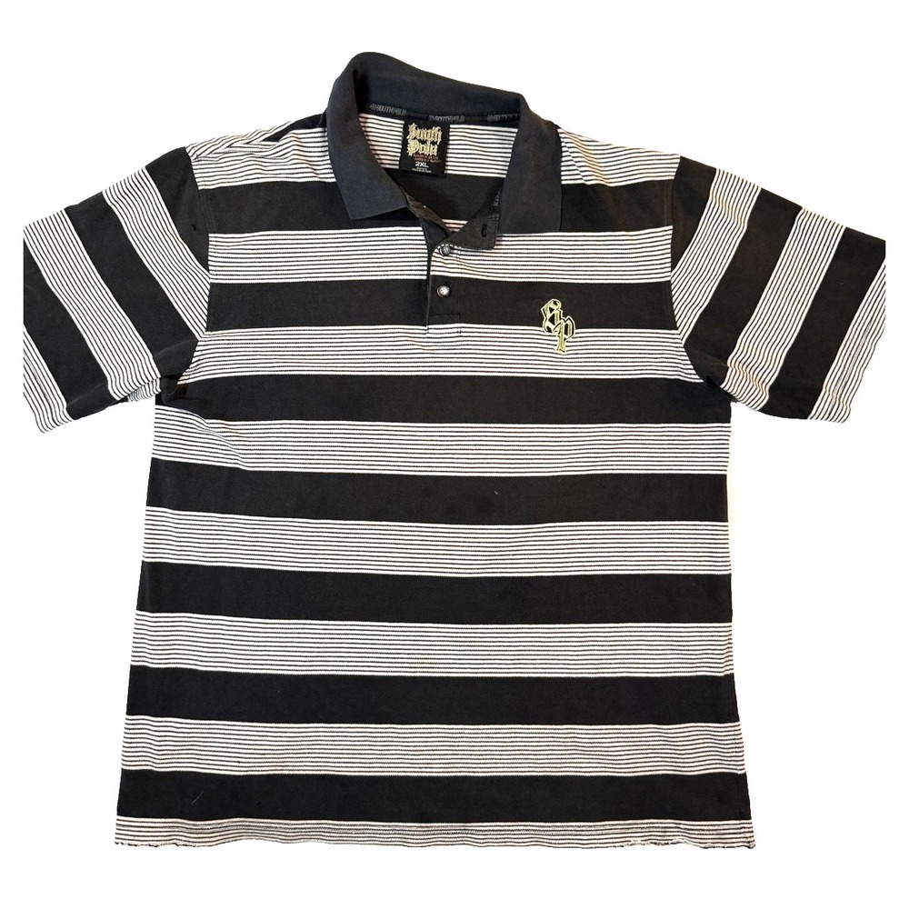 Vintage Southpole Striped Polo Shirt Men 2XL Y2K Hip Hop Streetwear‎ Black Gold